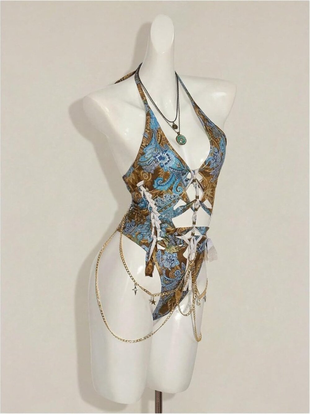 Women's Blue Gothic Cut Out Lace Up Bodysuit Going Out Halter Neck Rave - Picture 4 of 5